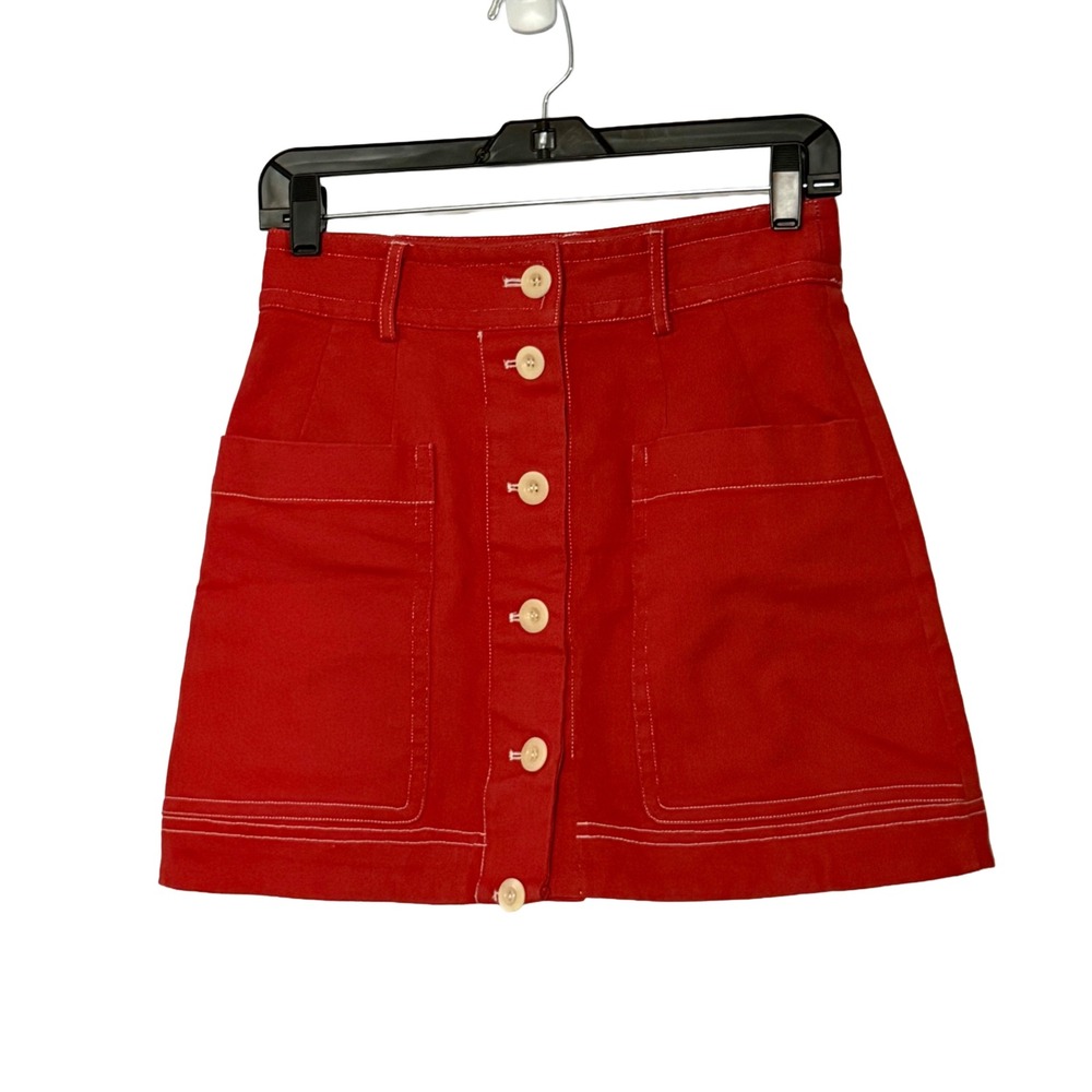 SEA New York Red Button Front‎ Corbin A-Line Denim Mini Skirt - 4